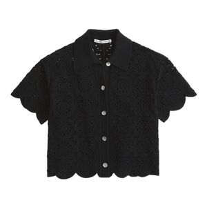 Abercrombie & Fitch Black Crochet Button Front Polo Shirt Blouse